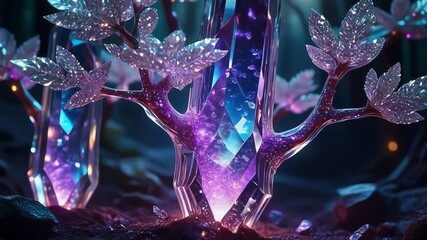 Enchanting crystal trees with glowing purple and blue facets in a magical forest setting. - Powered by Adobe