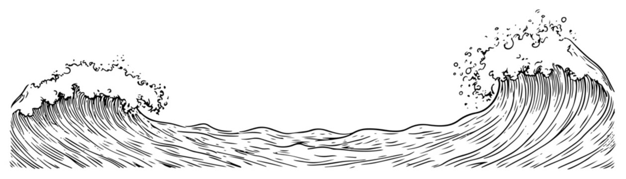 Big ocean wave crashing with foam in hand drawn sketch style
