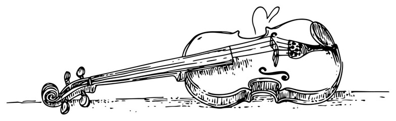 Classical violin lying down with a small heart symbol sketch © Kaz