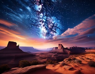 majestic night sky over desert rock formations with starry milky way landscape