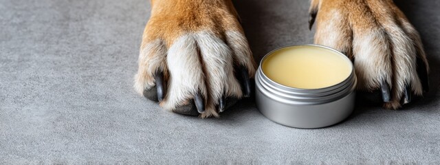 Dog paws beside a silver container of balm on a gray surface during a sunny afternoon