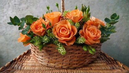 beautiful decorative orange roses and green buds artfully arranged in a rustic woven basket for a charming display