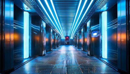 futuristic elevator shaft with neon lighting in a modern building