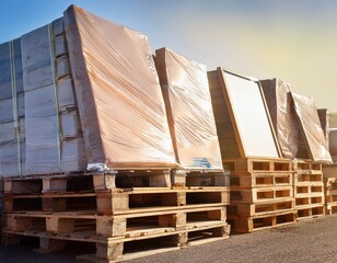 framed paintings wrapped for protection stacked on wooden crates suggesting storage or preparation for shipping