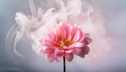 a pink flower rises as smoke gently swirls up into the white sky above the bloom