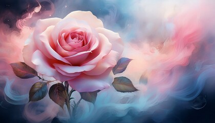 a delicate pink rose blossoms against a dramatic backdrop of smoke and watercolor effects