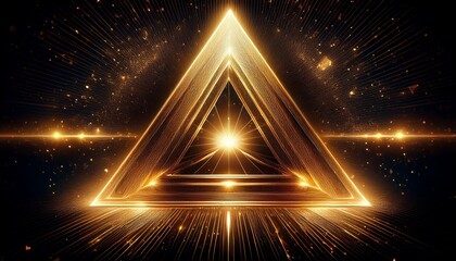 golden triangle radiating mystical energy particles against a deep black background emitting cosmic light rays