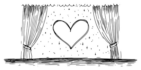 Hand drawn sketch of theater stage with curtains and floating heart © Kaz