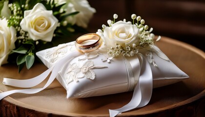 a beautifully decorated ring pillow adorned with white flowers and ribbons holding wedding rings for a special ceremony
