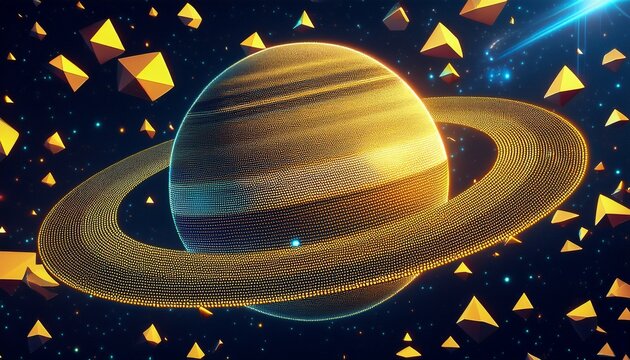 abstract pixelated cosmic saturn ringed planet floating among glowing yellow triangles in deep space with scattered stars - Powered by Adobe