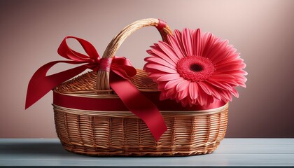 a woven basket adorned with a vibrant pink gerbera daisy and a deep red ribbon perfect for gifts or decorations