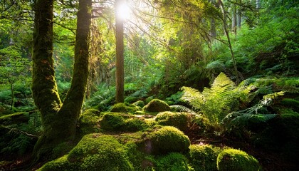 lush green forest with moss covered rocks and sunlit ferns
