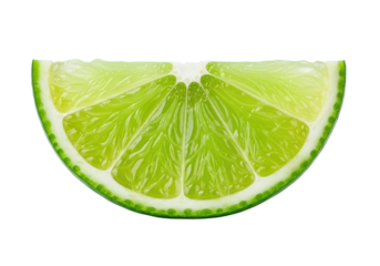 A single, vibrantly green lime wedge, precision-cut, with glistening, juicy pulp and textured rind, isolated on a transparent background with copy space. Concept for beverage advertising