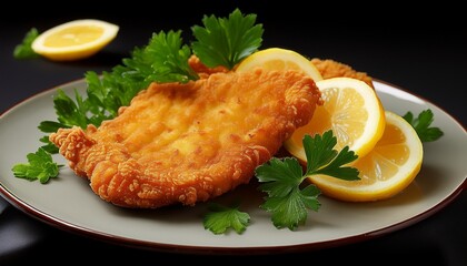 delicious breaded wiener schnitzel with lemon and parsley isolated generative ai generativ ki