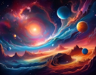 abstract cosmic painting stellar nebulae planets and galactic swirls