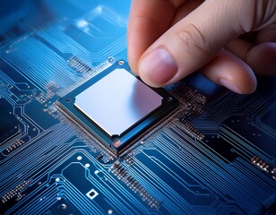 a hand inserts a blank microchip onto a circuit board space for text on the chip mockup