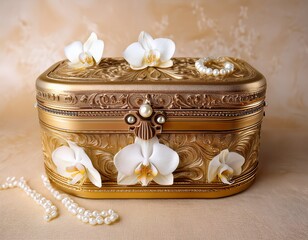 beautiful golden decorative brass box adorned with delicate orchids and pearl trim on a textured beige surface