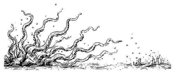 Hand drawn sketch of giant octopus tentacles rising from the sea © Kaz