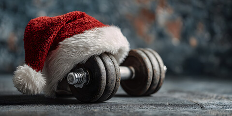 Father Christmas hat on a gym dumbbell weight. New year resolution and healthy lifestyle, red Santa hat. Exercise equipment fitness gift. holiday season winter composition. Gym workout, sport training