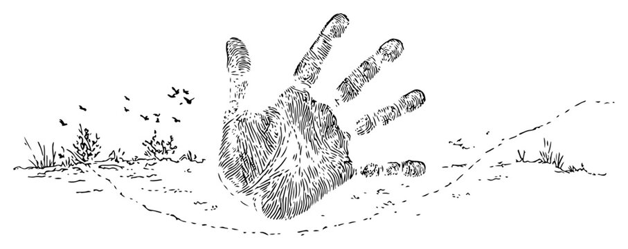 Giant human handprint mark on the ground with birds sketch