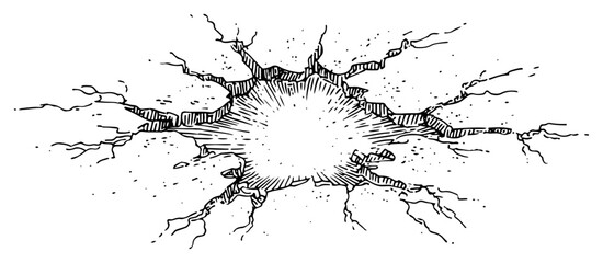 Hand drawn sketch of a cracked hole or impact crater in the ground © Kaz