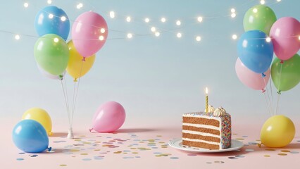 birthday celebration scene detailed with cake slice balloons string lights and confetti on light pastel gradient background