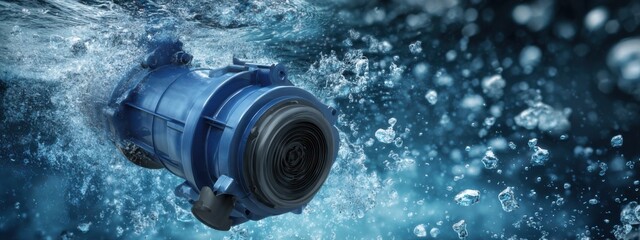 Water pump working underwater during a maintenance check in a large pool at a facility in the late afternoon