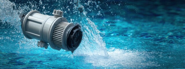 Water pump operates in swimming pool during bright sunny day creating splashes and ripples in clear blue water