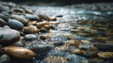 Clean Flowing Water Stream Over Smooth River Stones: Fresh Nature Background
