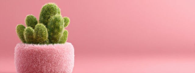 Green cactus in a soft pink pot displayed against a plain pink background during daylight