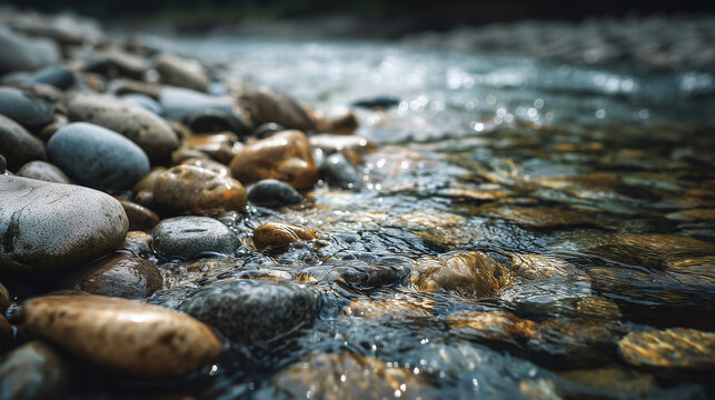 Clean Flowing Water Stream Over Smooth River Stones: Fresh Nature Background - Powered by Adobe