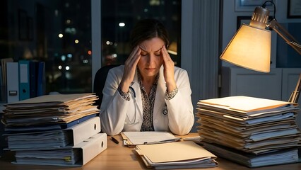 A female doctor, overwhelmed by a mountain of paperwork, experiences significant stress while working late into the night at her office desk, highlighting healthcare burnout