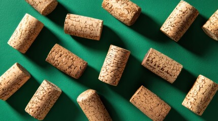 Corks are spread on a green surface in a casual arrangement during a wine tasting event in the afternoon