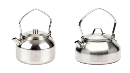 Set of two stainless steel kettle pots for camping and home use isolated on transparent background 