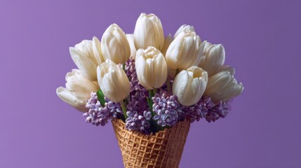 Flower bouquet arranged in a cone beside a purple background with natural light