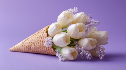 Flower bouquet arranged in a cone shape placed on a purple surface with a soft focus background