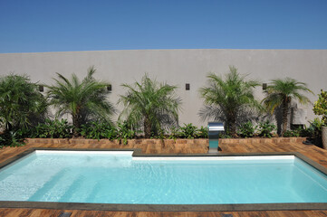 &aacute;gua de piscina transparente no ver&atilde;o , paisagismo tropical