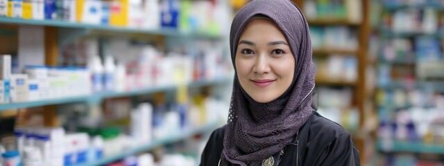 Pharmacist smiles and stands in front of shelves filled with medicine in a pharmacy during the day
