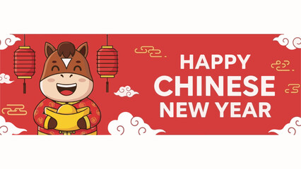 Fototapeta premium Festive Chinese New Year banner with happy cartoon horse, gold ingot, and traditional red lanterns on a celebration background.