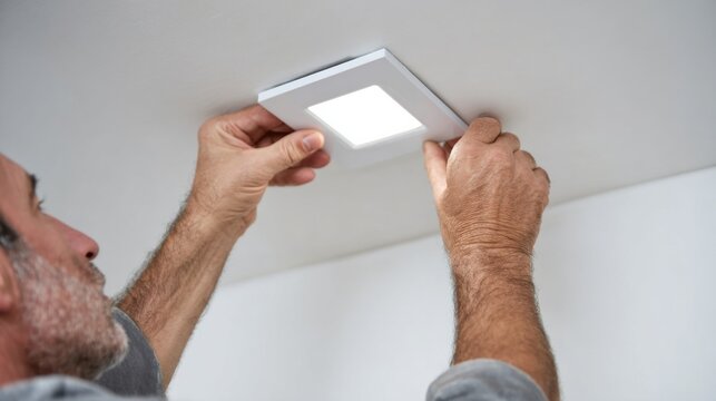 Man installs ceiling light fixture at home during bright afternoon hours in a residential space