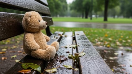 Teddy Bear Alone on a Wet Bench in the Park.