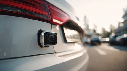 Camera mounted on a parked car in a busy parking lot during the late afternoon hours with sunlight