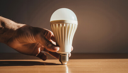 A human hand gently holds an illuminated, eco-friendly LED light bulb, symbolizing sustainable energy, efficiency, and innovative solutions for a brighter, greener future