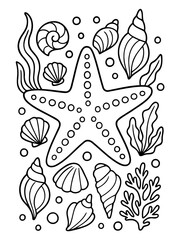 Naklejka premium Ocean Treasures Illustration: A captivating monochrome illustration of marine life, featuring a central starfish, diverse seashells, and flourishing seaweed.