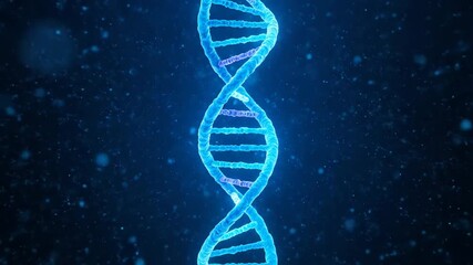 A futuristic 3d illustration of a glowing blue dna double helix structure rotates slowly against a dark, high-tech abstract background. - Powered by Adobe