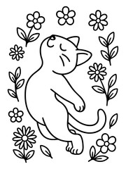 Obraz premium Serene Cat Surrounded by Flowers: A contented cat basks in the gentle embrace of blooming flowers. Its eyes closed in pure joy, this whimsical artwork is a testament to the simple pleasures in life. 