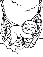 Fototapeta premium Restful Sloth in Hammock: A content sloth is depicted peacefully relaxing in a woven hammock amidst delicate hibiscus blooms and fluffy clouds, evoking a sense of tranquility.