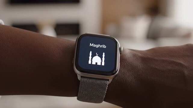 Modern close-up showing a muslim receiving a ramadan maghrib adhan notification on wearable technology.