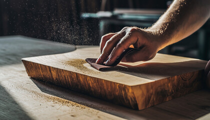 Close-up of a person's hands gently sanding a wooden surface, creating fine dust particles in the air