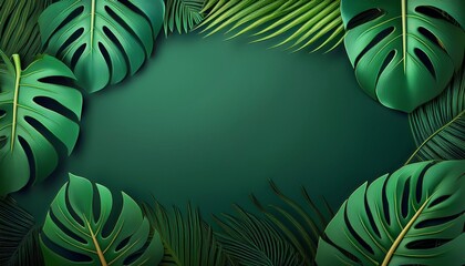 tropical green monstera and palm leaves form a decorative frame on a matching background